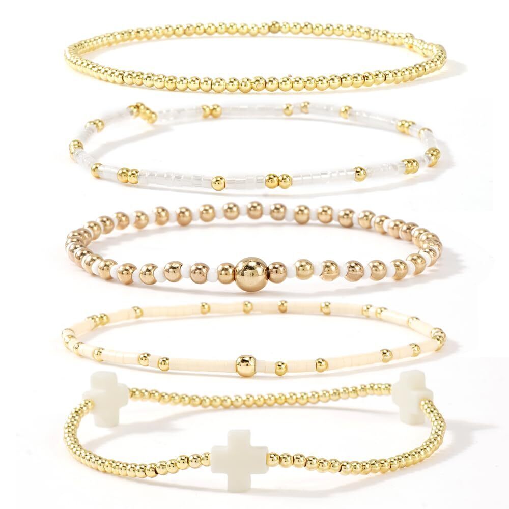 Gold Beaded Stretch Bracelets Stack for Women - 14k Gold Stackable